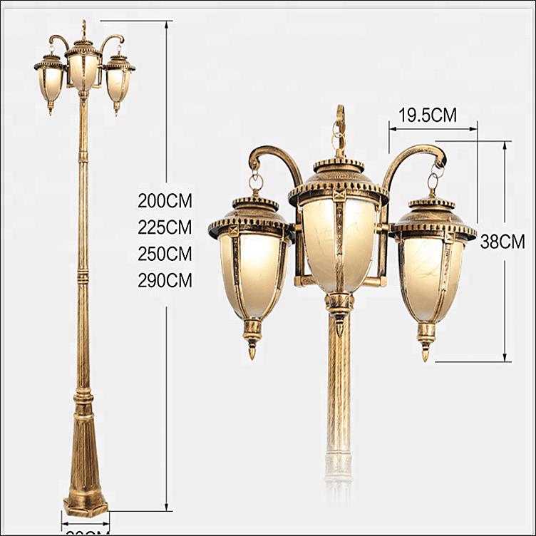 Outdoor 2-3m antique three lamp post garden lamp post, antique European decorative road lamp post