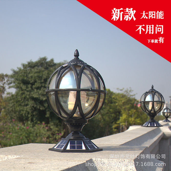 Solar column head lamp circular wall lamp outside court villa landscape gate lamp super bright outside column lamp